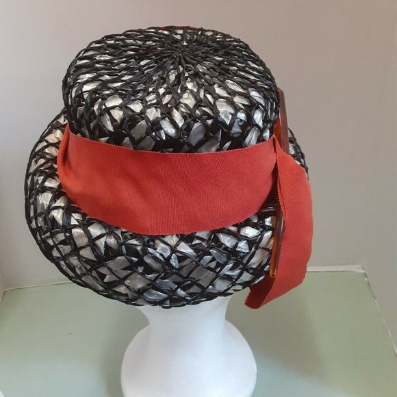 Vintage 1950's 1960s Pillbox Hat Black and White with orange ribbon. - Picture 2 of 3